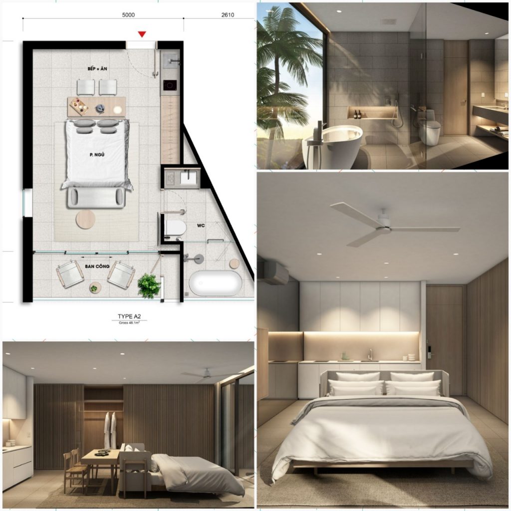 Thiết kế căn 1 phòng ngủ có bồn tắm nằm Wyndham Coast Thanh Long Bay