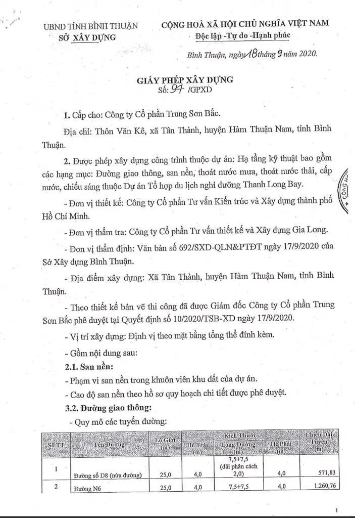 hồ sơ pháp lý dự án Thanh Long Bay - Giấy phép xây dựng hạ tầng 001